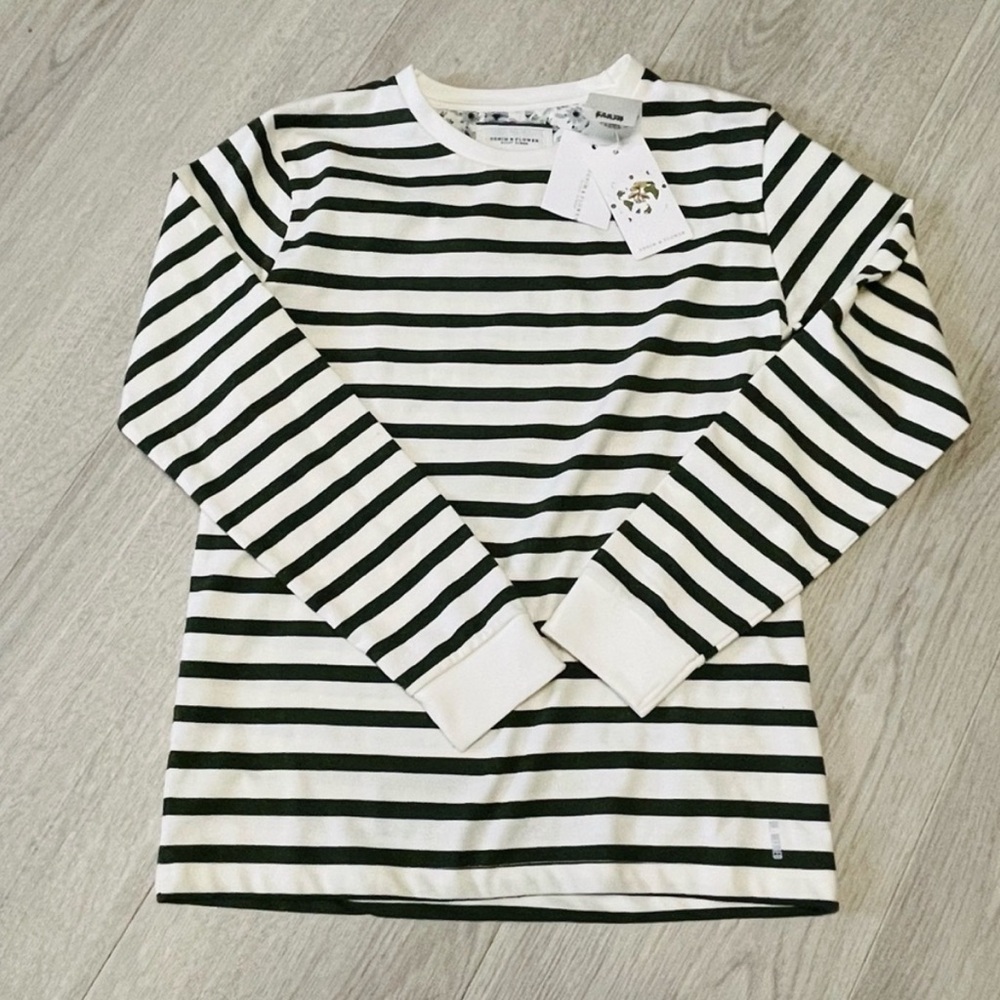 Denim & Flower Striped Long Sleeve Tee in Green and White